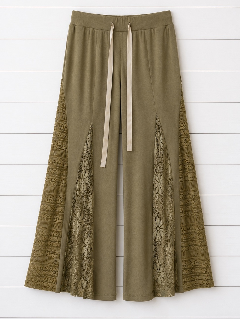 “The Dixie”Bestseller: Boho Wide-Leg Lace-Inset Pants - Olive - Picture 2 of 4